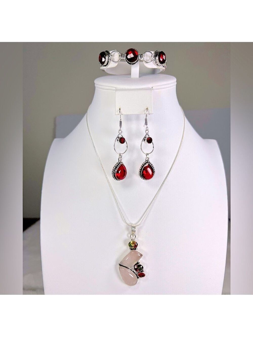 Rose Quartz Fire Topaz, Garnet  Pendant Bracelet Earrings Gemstone Set